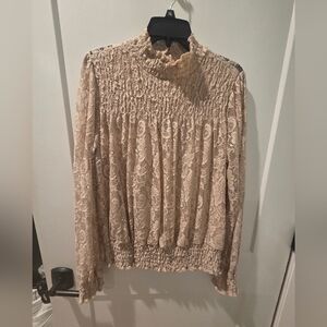 Lace Smocked High-Neck Blouse - Beige